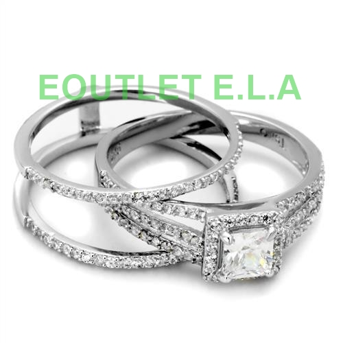 SPARKING PRINCESS 5-ROW CZ SOLID SILVER WEDDING SET-size 9